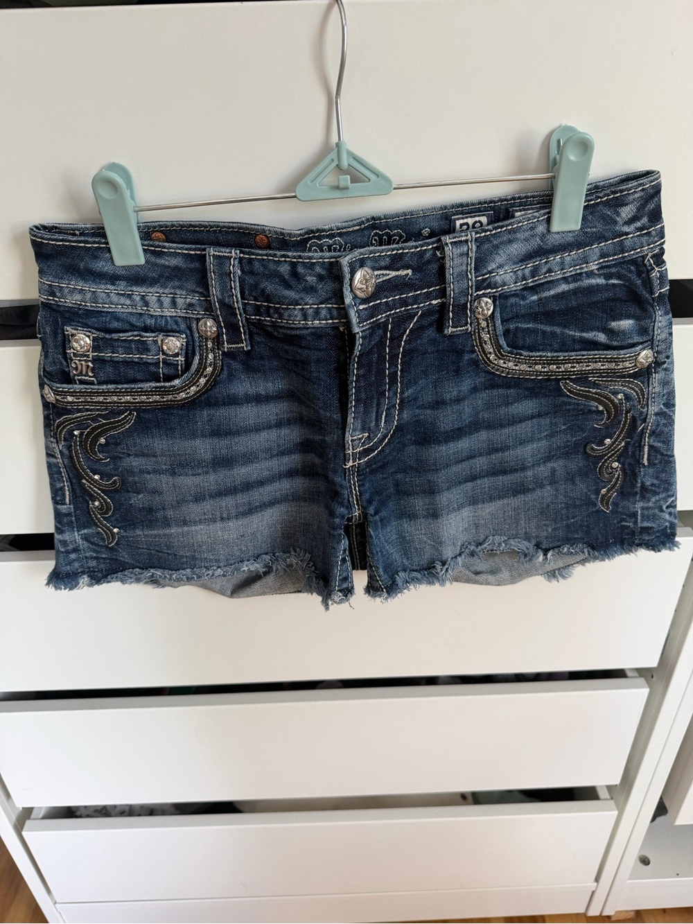 Miss Me Distressed Dark Wash Denim Shorts with Embroidered Trim